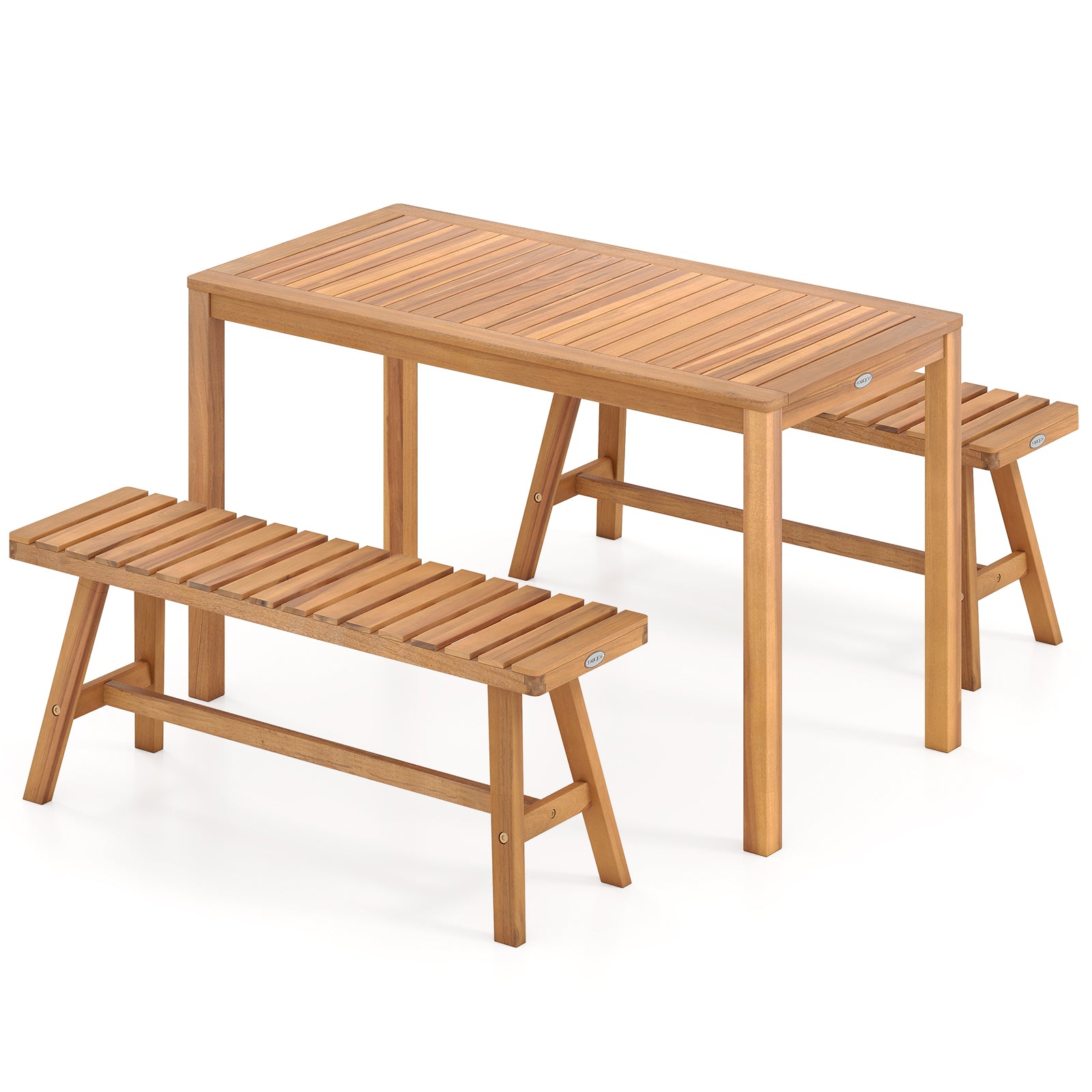 3 Pieces Acacia Wood Patio Dining Set Outdoor Rectangular Table and Benches with Slatted Seats Patio Dining Sets at Gallery Canada