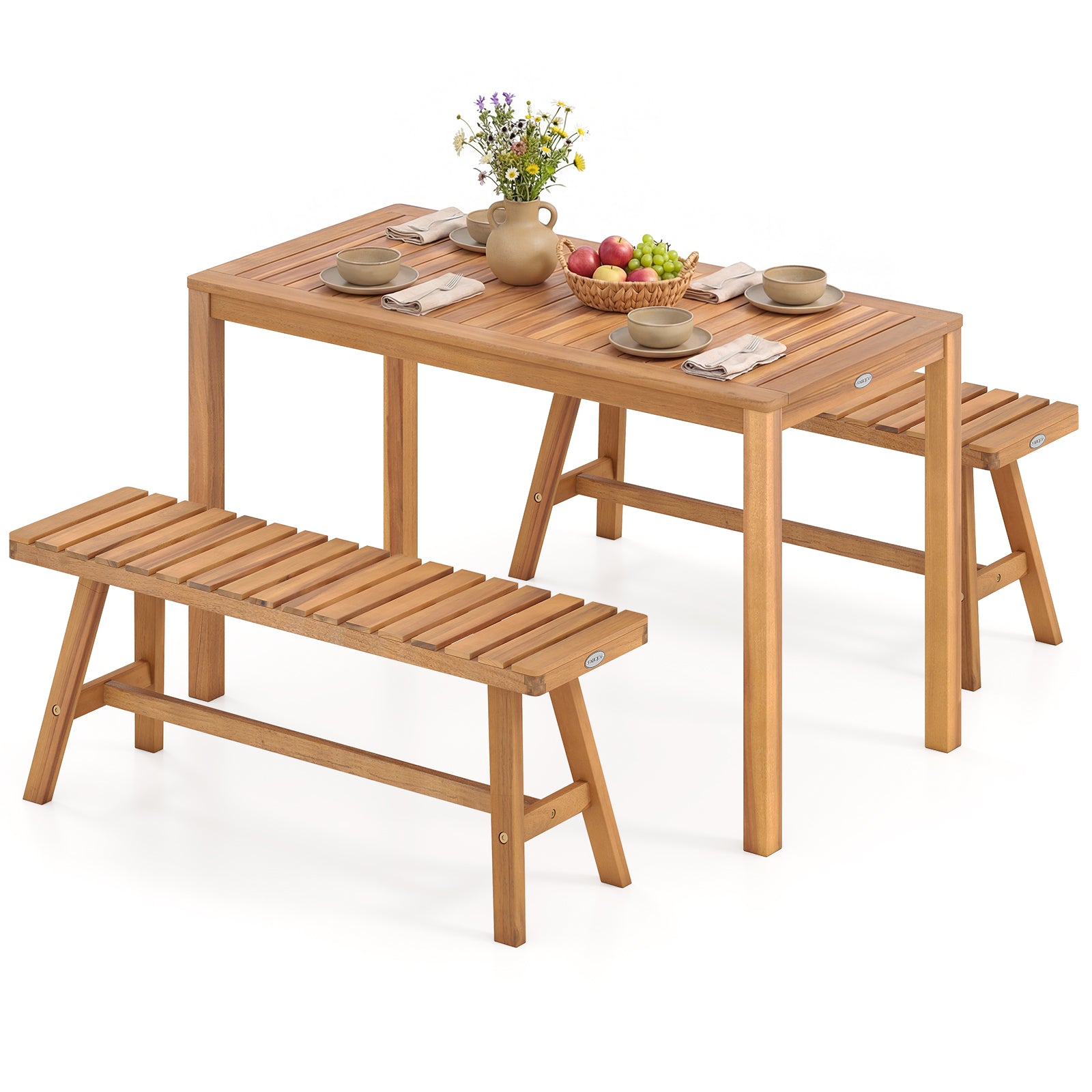 3 Pieces Acacia Wood Patio Dining Set Outdoor Rectangular Table and Benches with Slatted Seats Patio Dining Sets at Gallery Canada