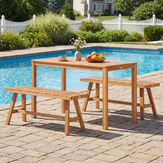 3 Pieces Acacia Wood Patio Dining Set Outdoor Rectangular Table and Benches with Slatted Seats Patio Dining Sets Options at Gallery Canada