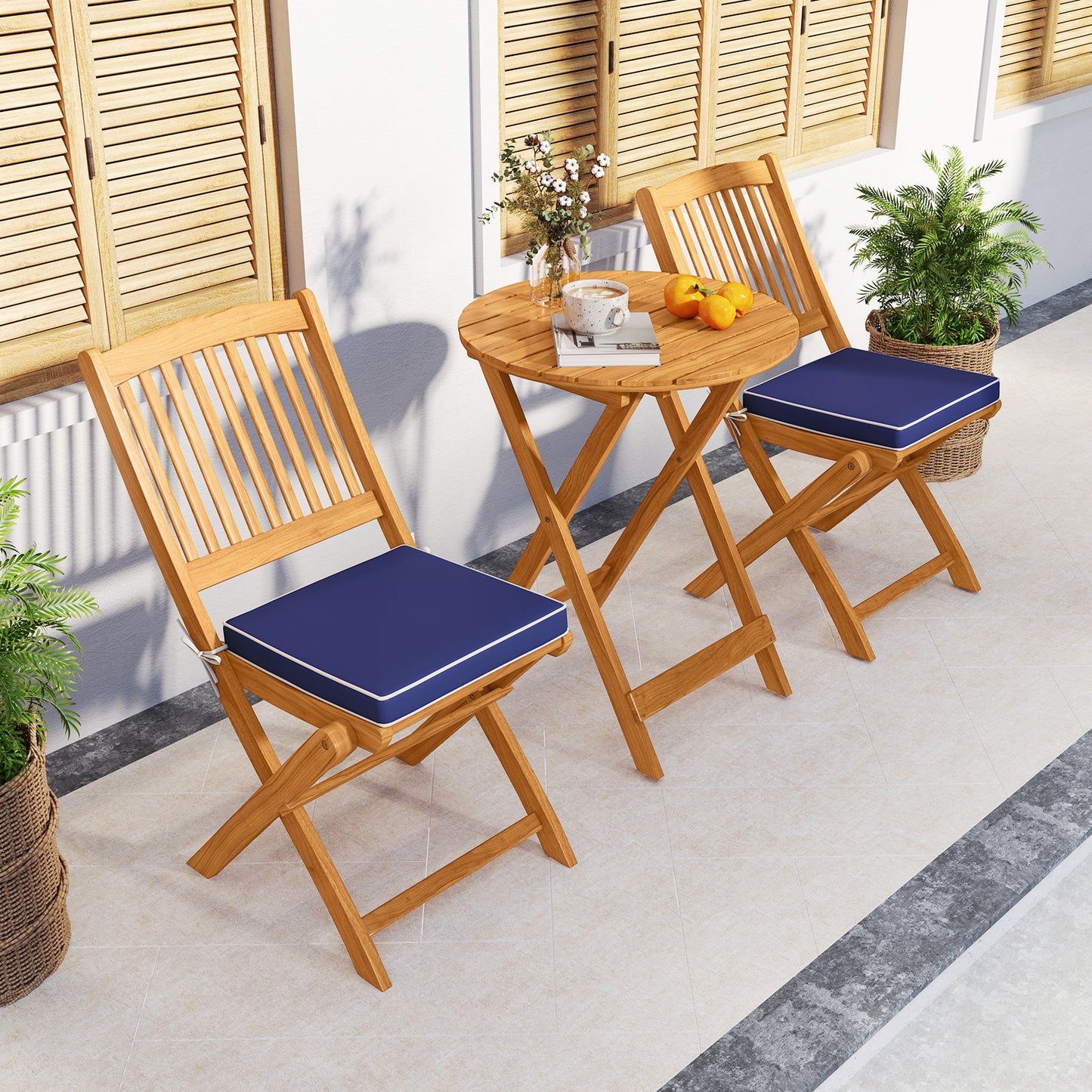 Acacia Wood Patio Folding Bistro Set, 3 Pieces, Cushions, Navy Patio Conversation Sets at Gallery Canada