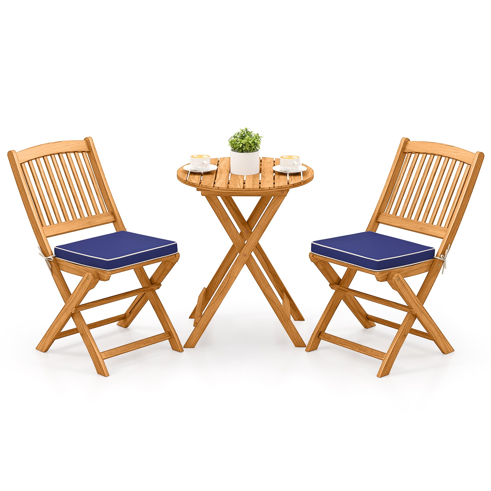 Acacia Wood Patio Folding Bistro Set, 3 Pieces, Cushions, Navy Patio Conversation Sets Navy at Gallery Canada