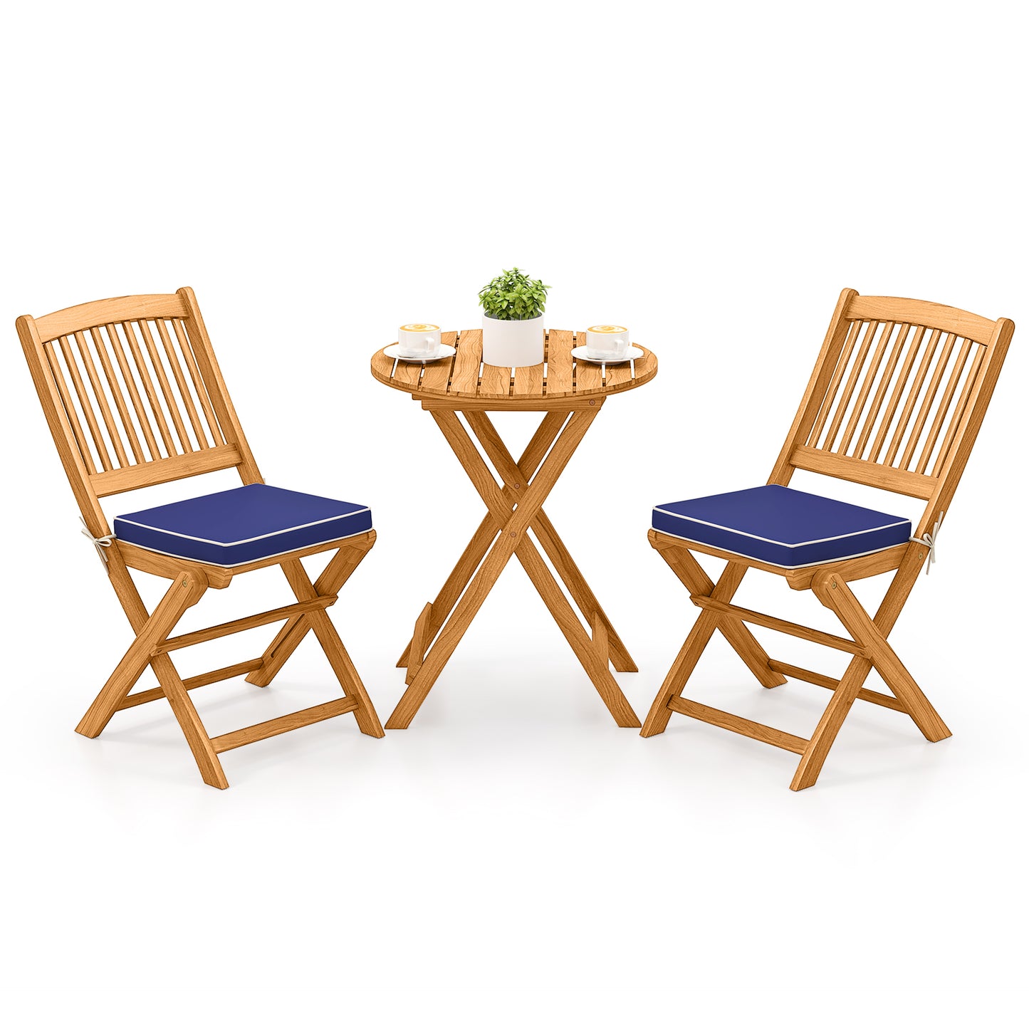 Acacia Wood Patio Folding Bistro Set, 3 Pieces, Cushions, Navy Patio Conversation Sets Navy at Gallery Canada