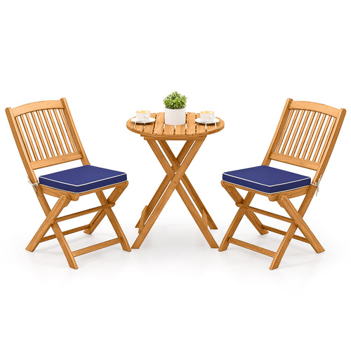 Acacia Wood Patio Folding Bistro Set, 3 Pieces, Cushions, Navy