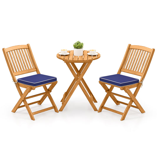Acacia Wood Patio Folding Bistro Set, 3 Pieces, Cushions, Navy Patio Conversation Sets Navy at Gallery Canada