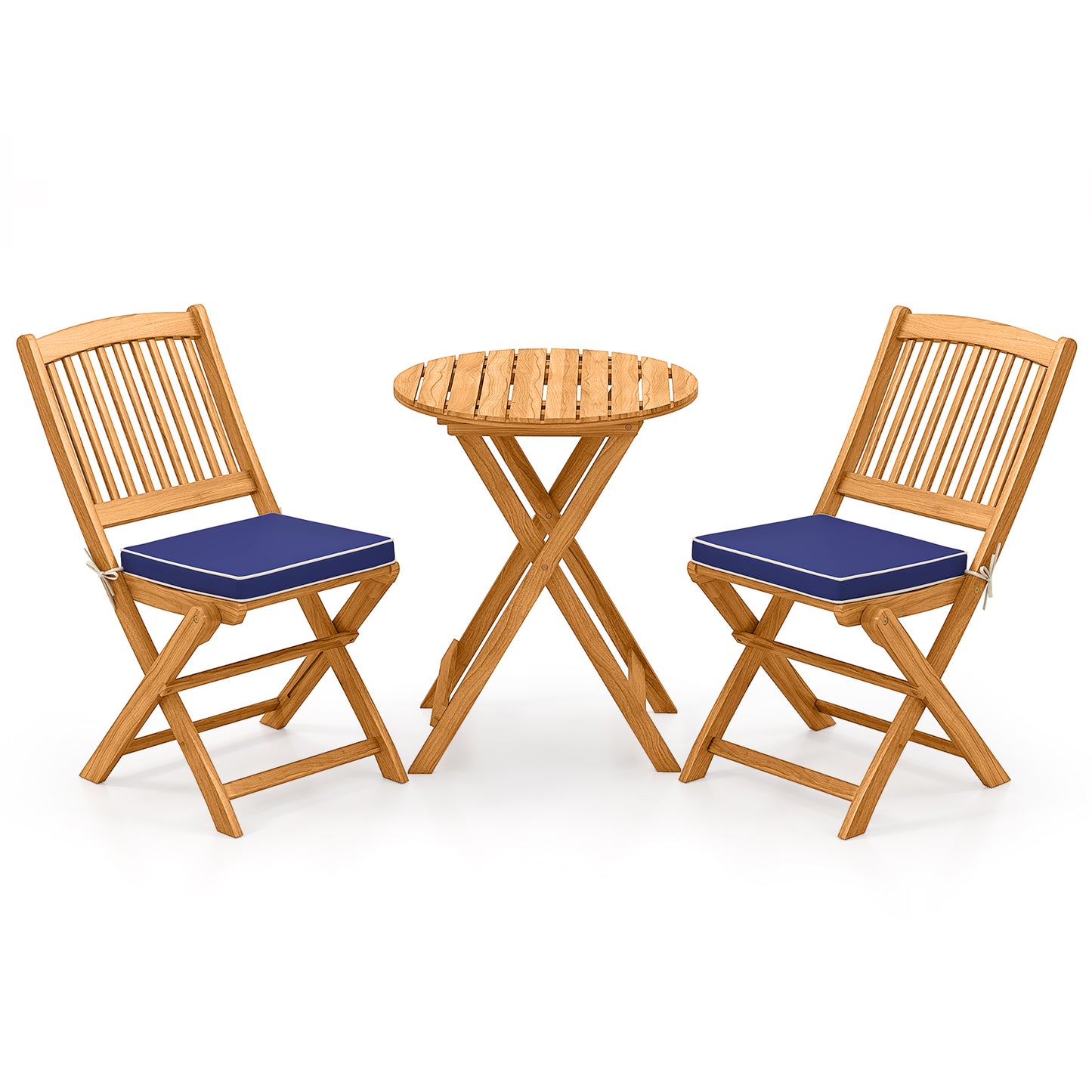 Acacia Wood Patio Folding Bistro Set, 3 Pieces, Cushions, Navy Patio Conversation Sets at Gallery Canada