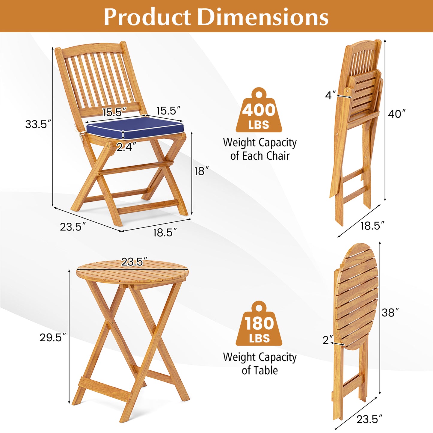 Acacia Wood Patio Folding Bistro Set, 3 Pieces, Cushions, Navy Patio Conversation Sets at Gallery Canada