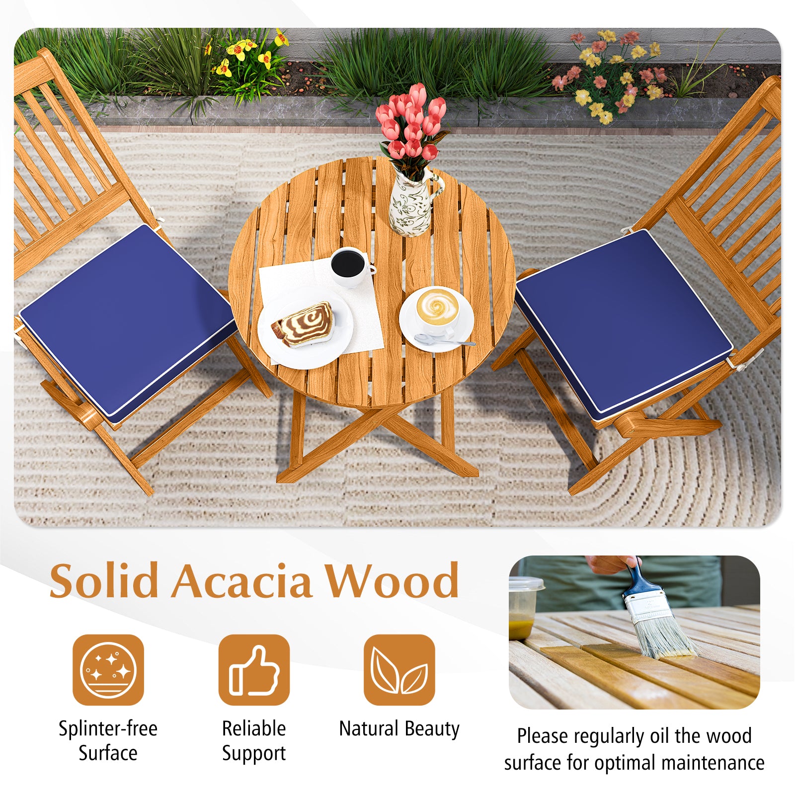 Acacia Wood Patio Folding Bistro Set, 3 Pieces, Cushions, Navy Patio Conversation Sets at Gallery Canada