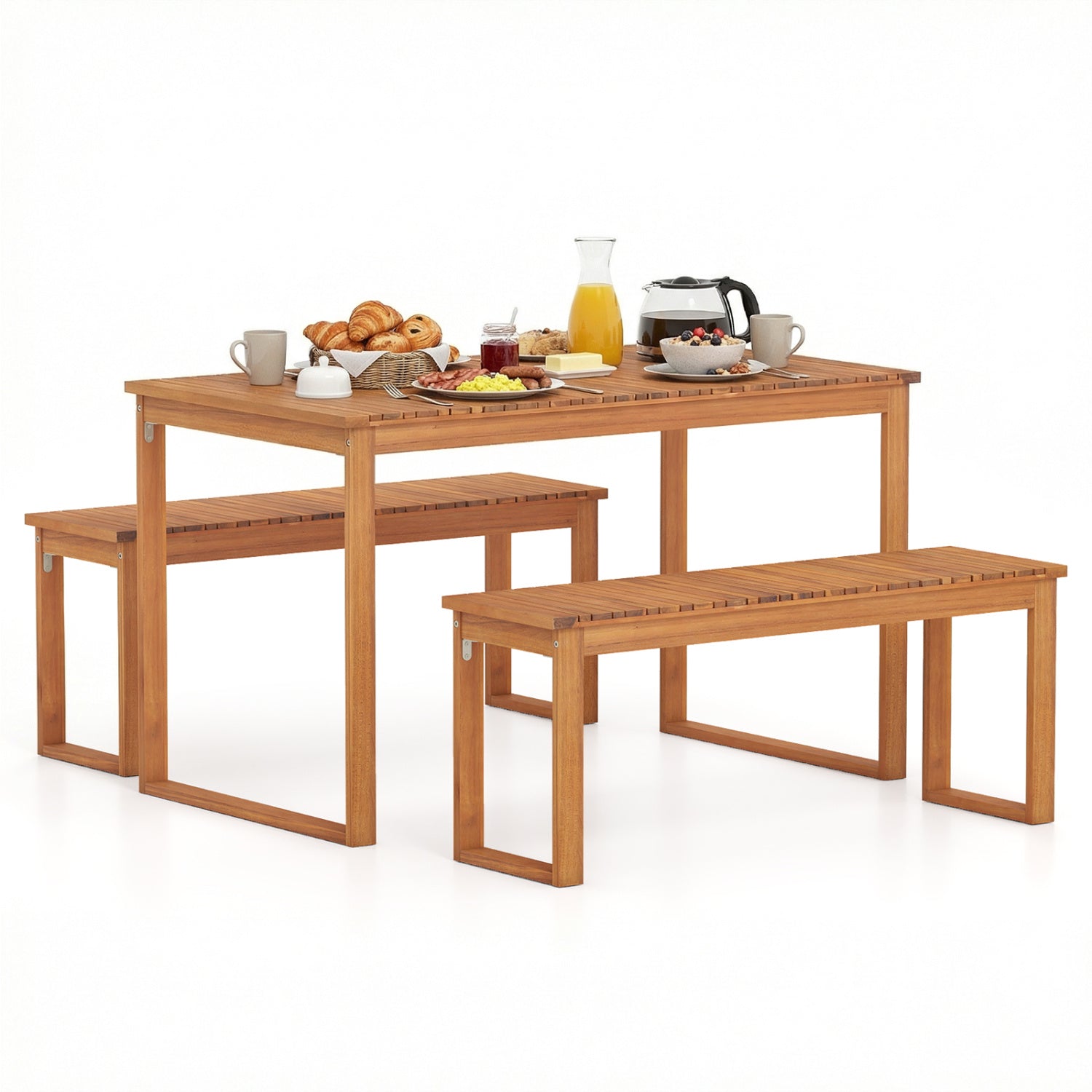 3 Pieces Acacia Wood Picnic Set with Outdoor Dining Table and 2 Benches for 4 People Patio Dining Sets at Gallery Canada