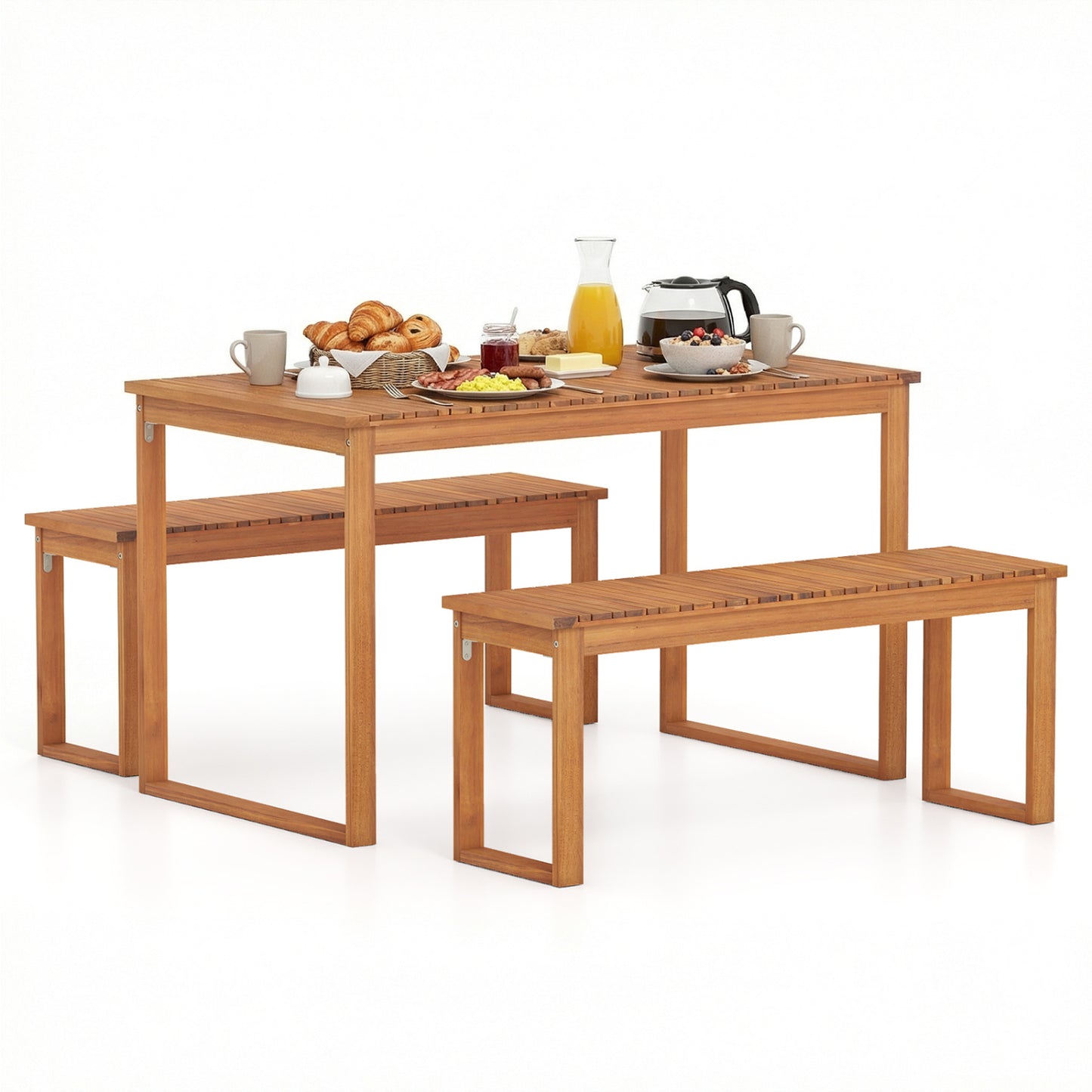 3 Pieces Acacia Wood Picnic Set with Outdoor Dining Table and 2 Benches for 4 People Patio Dining Sets at Gallery Canada