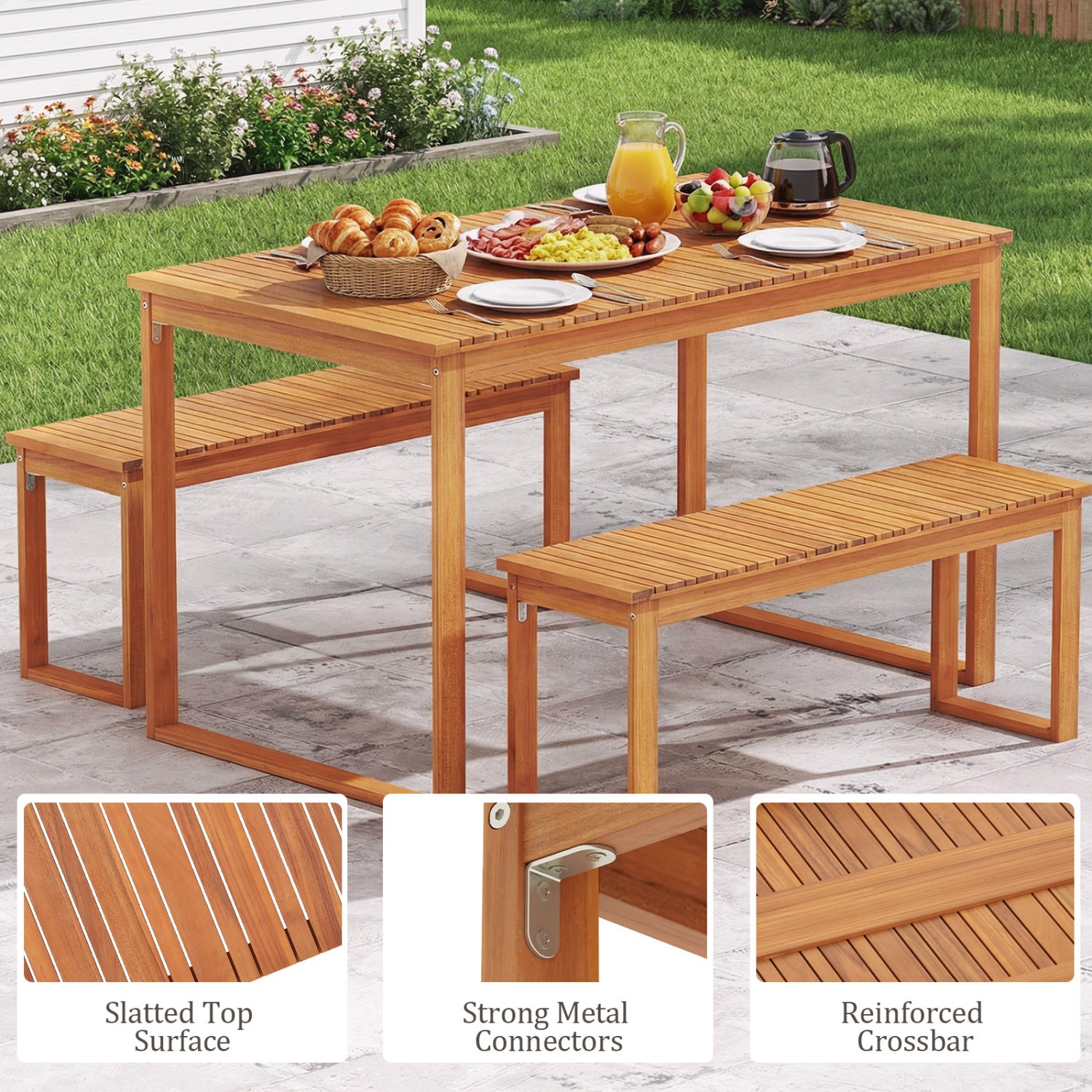 3 Pieces Acacia Wood Picnic Set with Outdoor Dining Table and 2 Benches for 4 People Patio Dining Sets at Gallery Canada