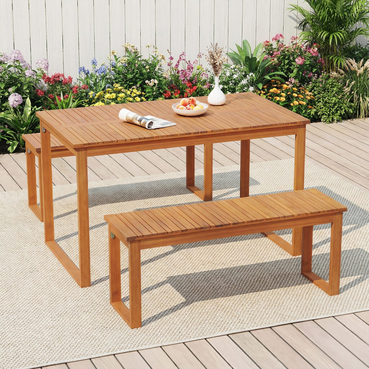 3 Pieces Acacia Wood Picnic Set with Outdoor Dining Table and 2 Benches for 4 People Patio Dining Sets at Gallery Canada