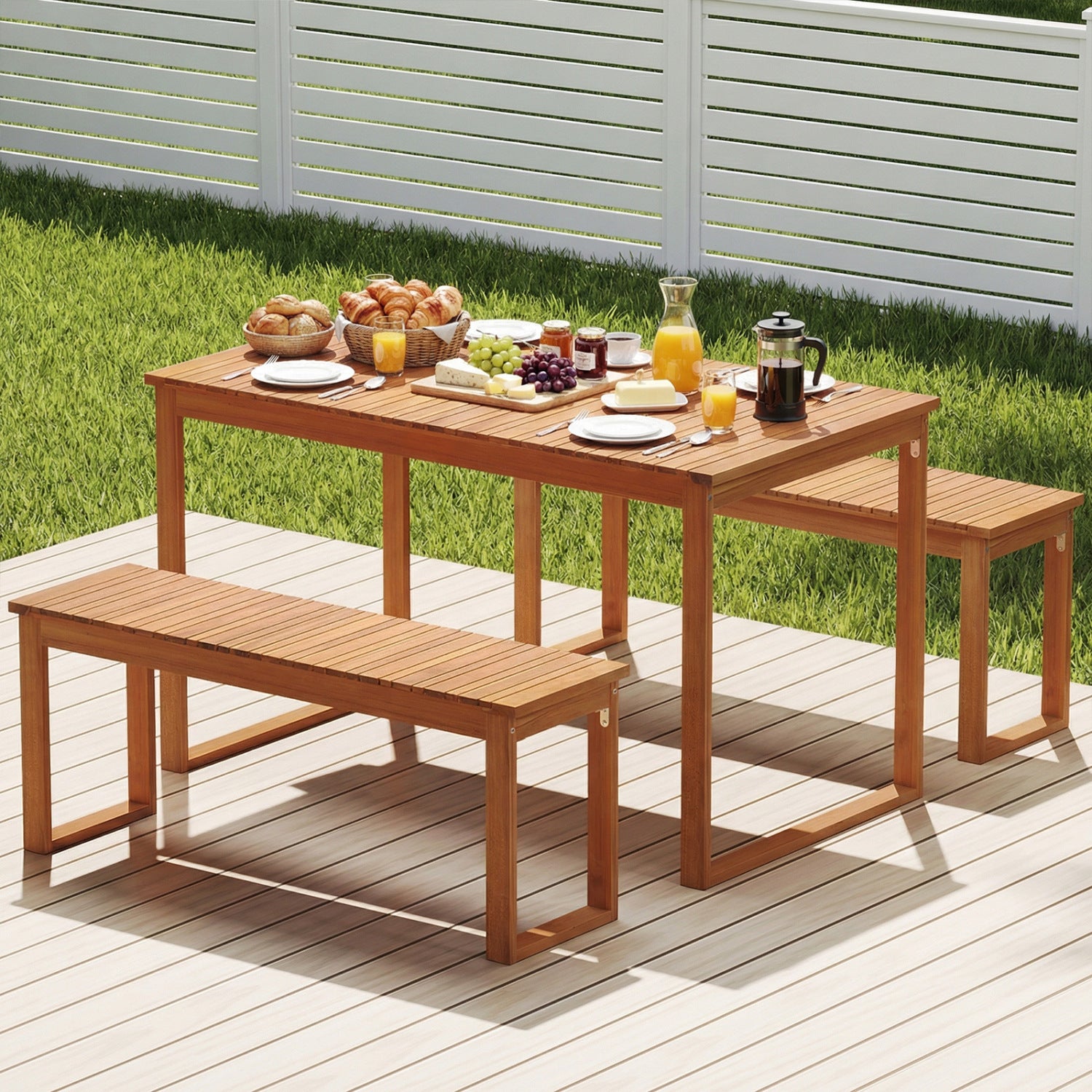 3 Pieces Acacia Wood Picnic Set with Outdoor Dining Table and 2 Benches for 4 People Patio Dining Sets at Gallery Canada