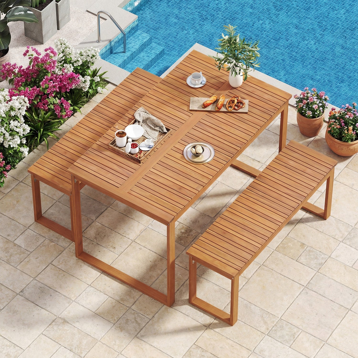 3 Pieces Acacia Wood Picnic Set with Outdoor Dining Table and 2 Benches for 4 People Patio Dining Sets at Gallery Canada