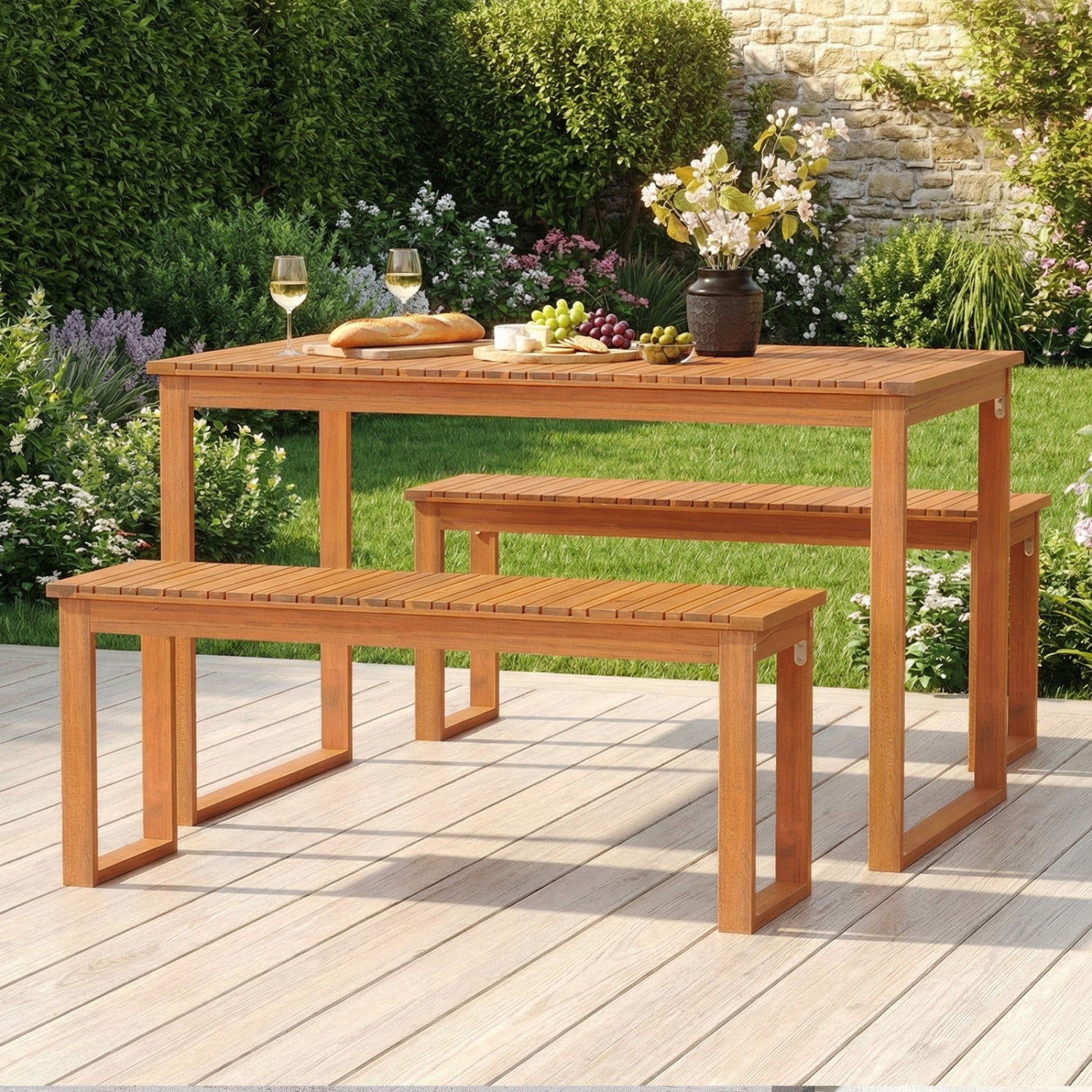 3 Pieces Acacia Wood Picnic Set with Outdoor Dining Table and 2 Benches for 4 People Patio Dining Sets at Gallery Canada