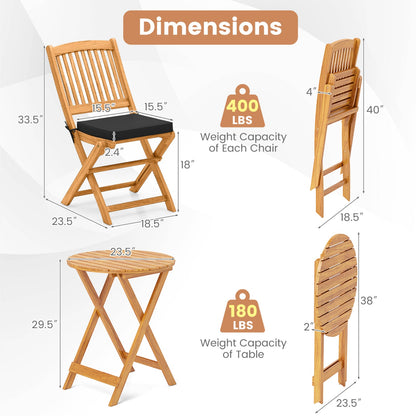 Acacia Wood Patio Folding Bistro Set, Black