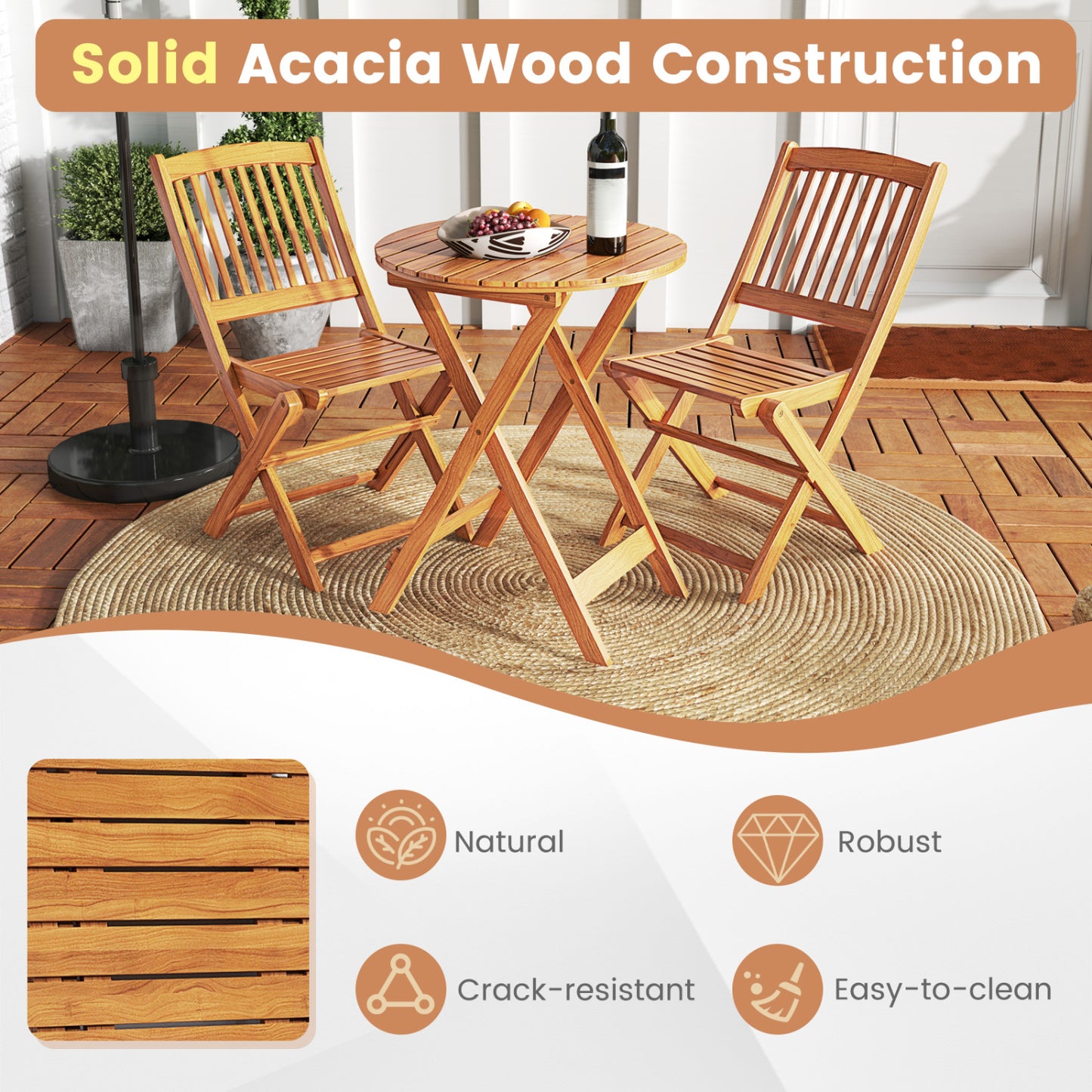 Acacia Wood Patio Folding Bistro Set, Black