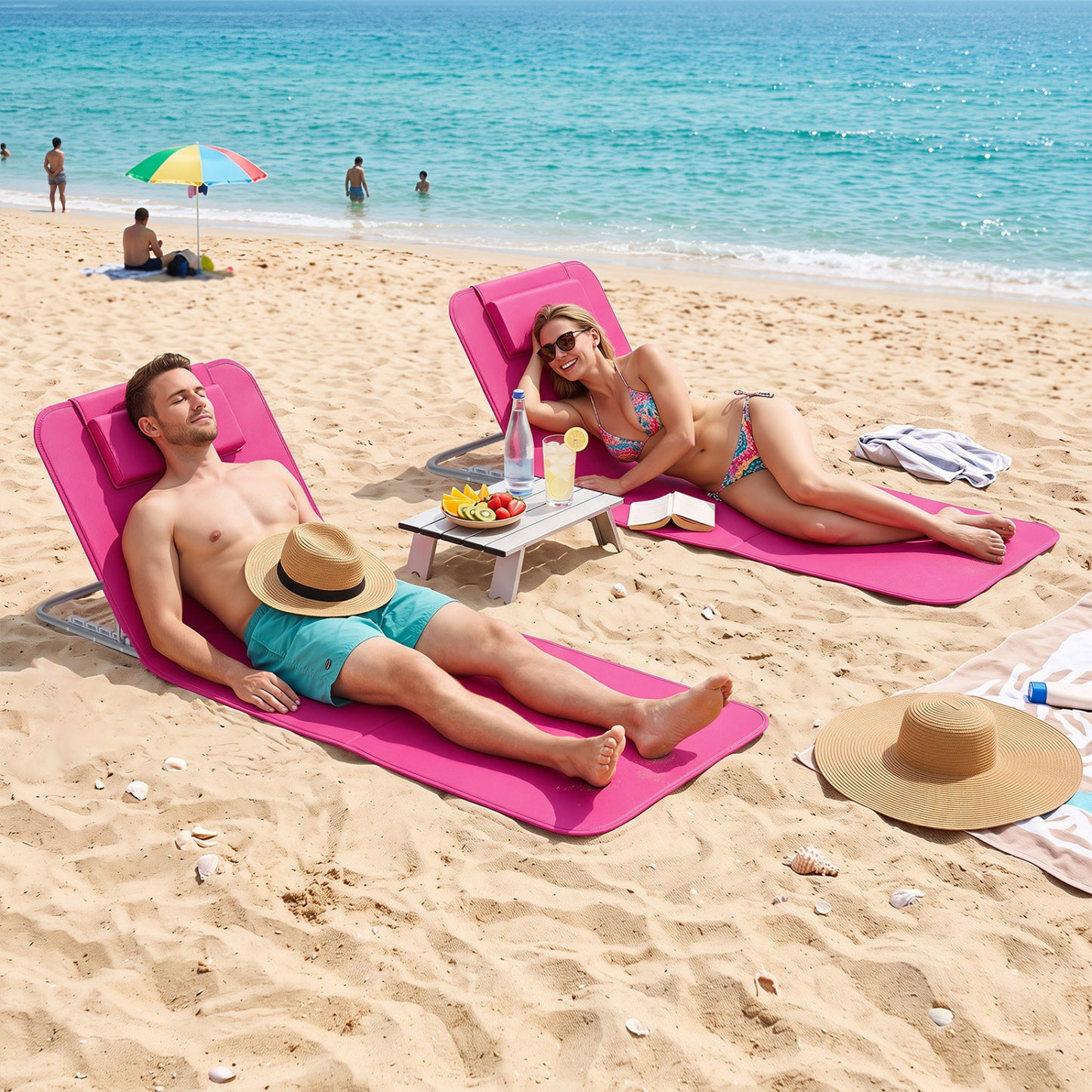 Ensemble de 3 pièces de chaise de plage avec table, rayé, rose