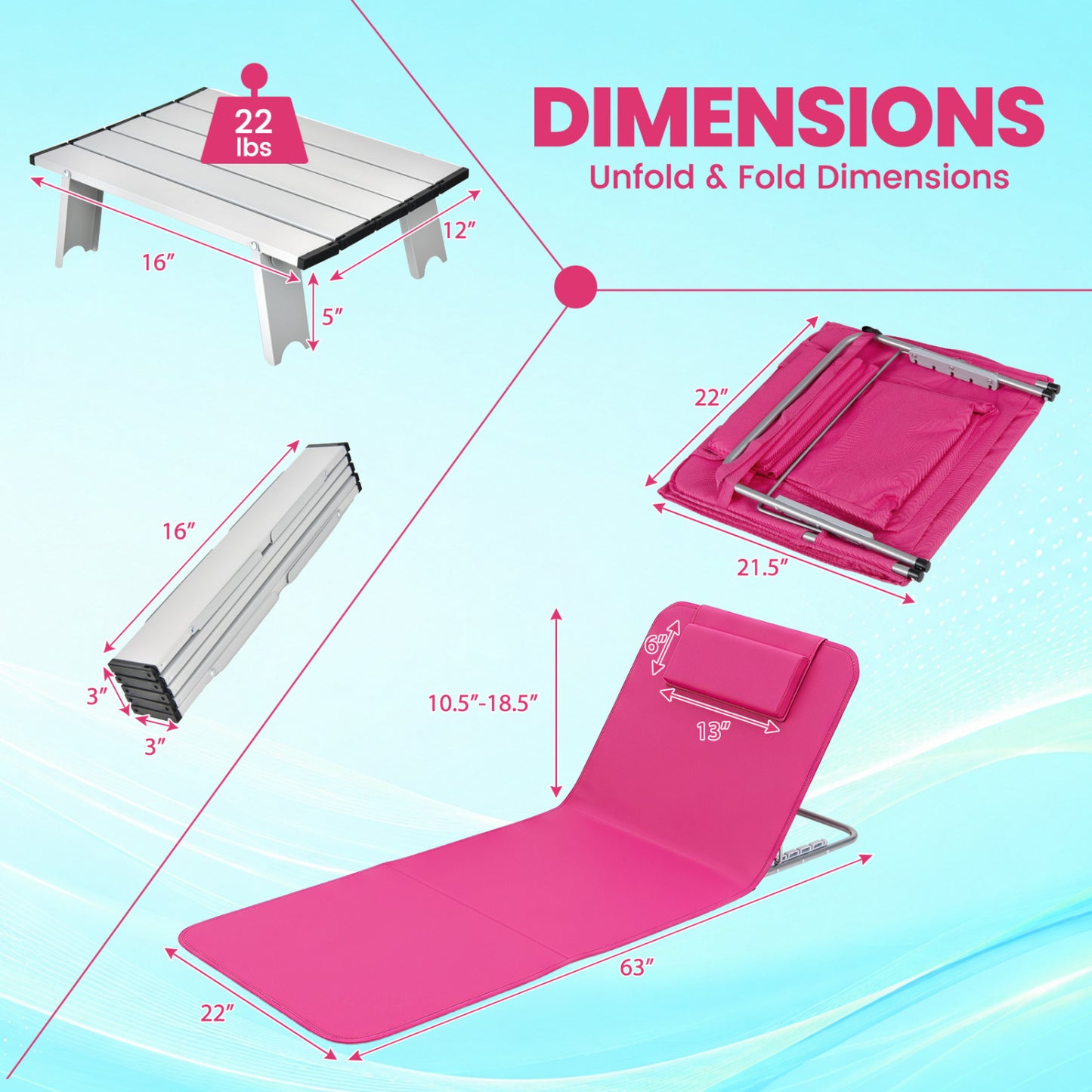 Ensemble de 3 pièces de chaise de plage avec table, rayé, rose