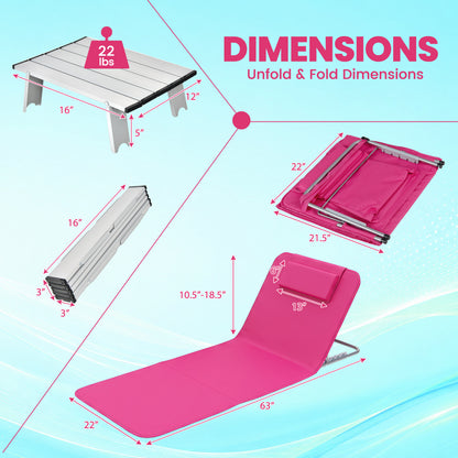 Ensemble de 3 pièces de chaise de plage avec table, rayé, rose