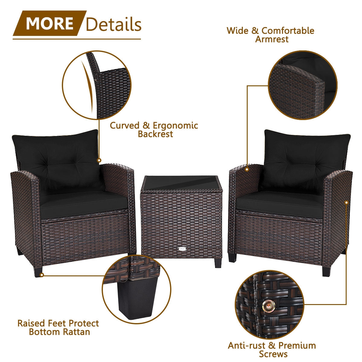 3 Piece Rattan Patio Set With Coffee Table, Black