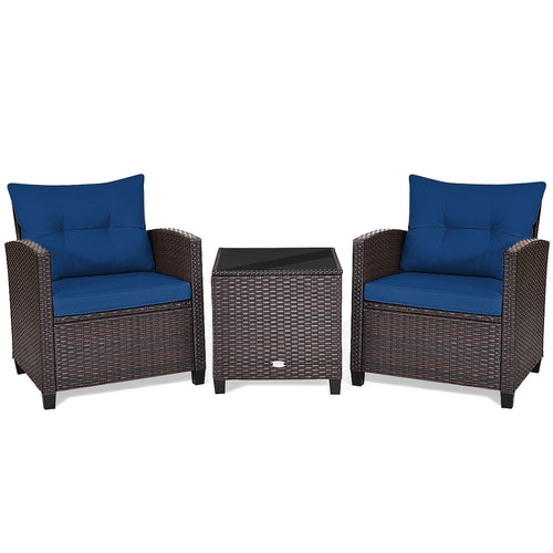 3-Piece Cushioned Rattan Patio Set With Coffee Table, Navy