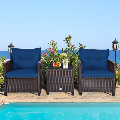 3-Piece Cushioned Rattan Patio Set With Coffee Table, Navy