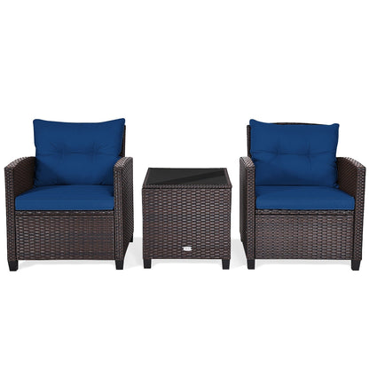 3-Piece Cushioned Rattan Patio Set With Coffee Table, Navy