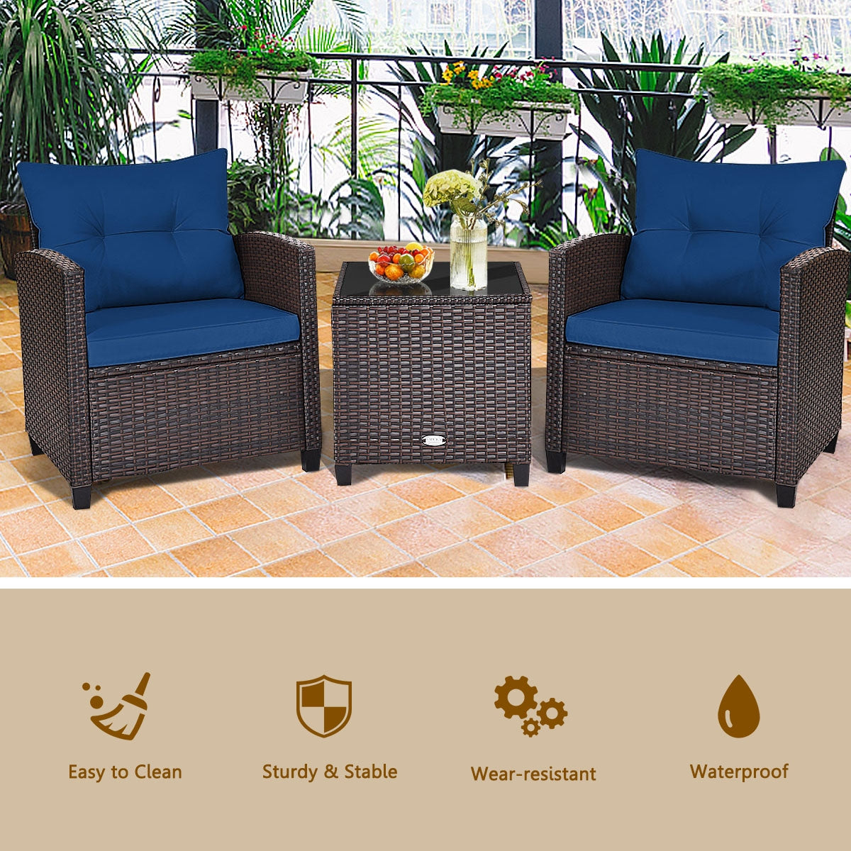 3-Piece Cushioned Rattan Patio Set With Coffee Table, Navy