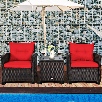 3-Piece Cushioned Rattan Patio Set With Coffee Table, Red
