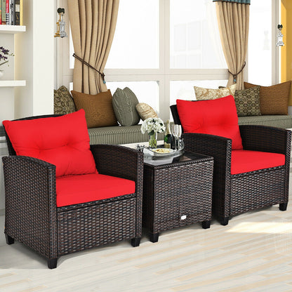 3-Piece Cushioned Rattan Patio Set With Coffee Table, Red
