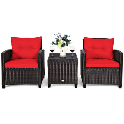 3-Piece Cushioned Rattan Patio Set With Coffee Table, Red