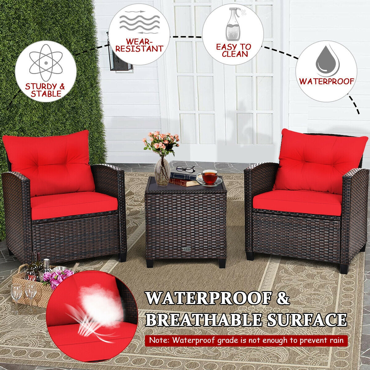 3-Piece Cushioned Rattan Patio Set With Coffee Table, Red