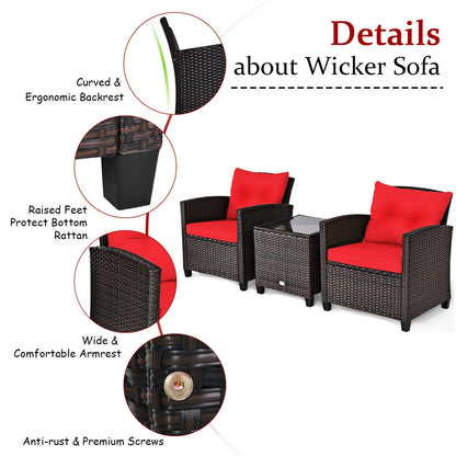 3-Piece Cushioned Rattan Patio Set With Coffee Table, Red