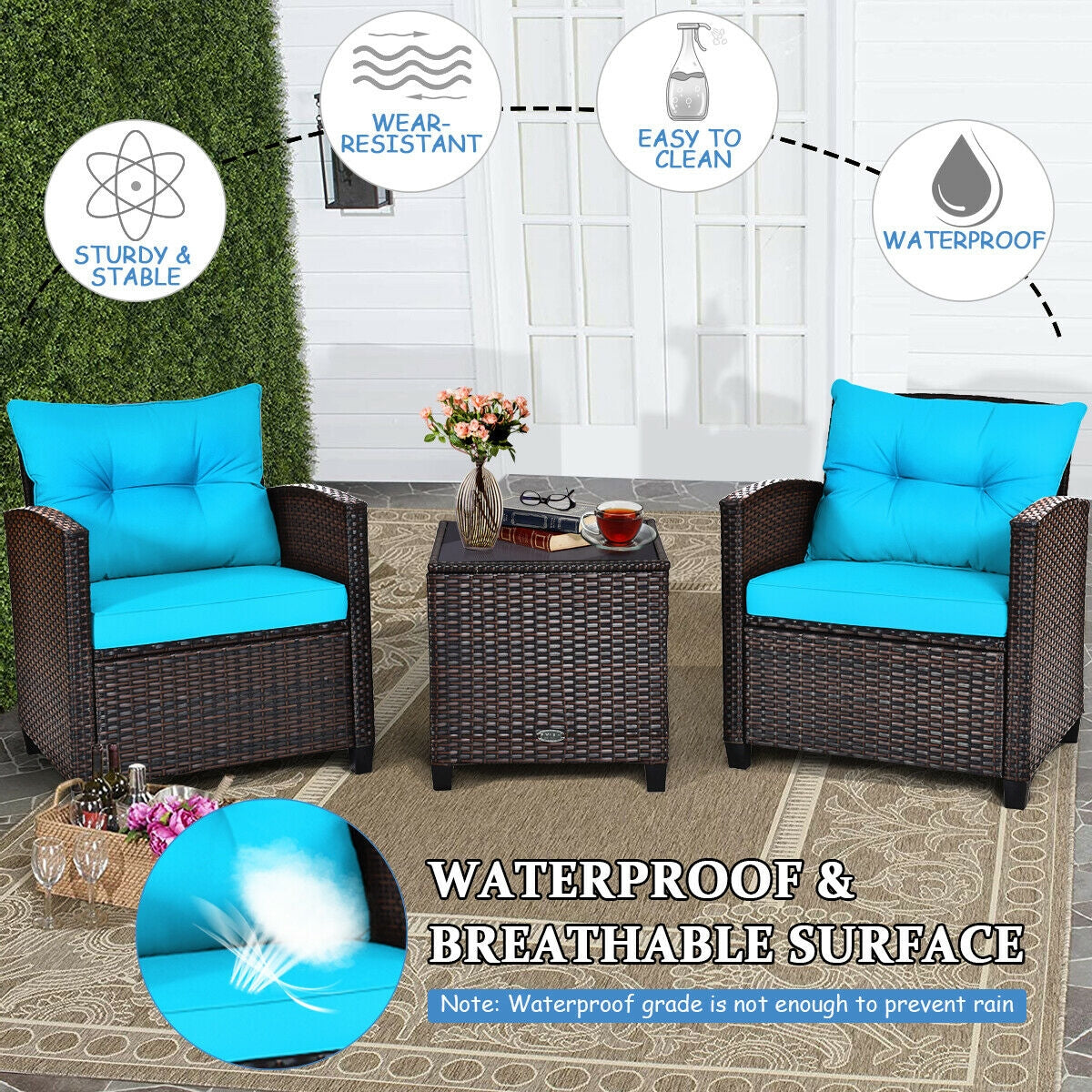 3-Piece Rattan Patio Set With Coffee Table, Turquoise