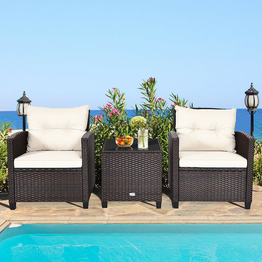 3 Piece Cushioned Rattan Patio Set, Coffee Table, White Patio Conversation Sets White at Gallery Canada