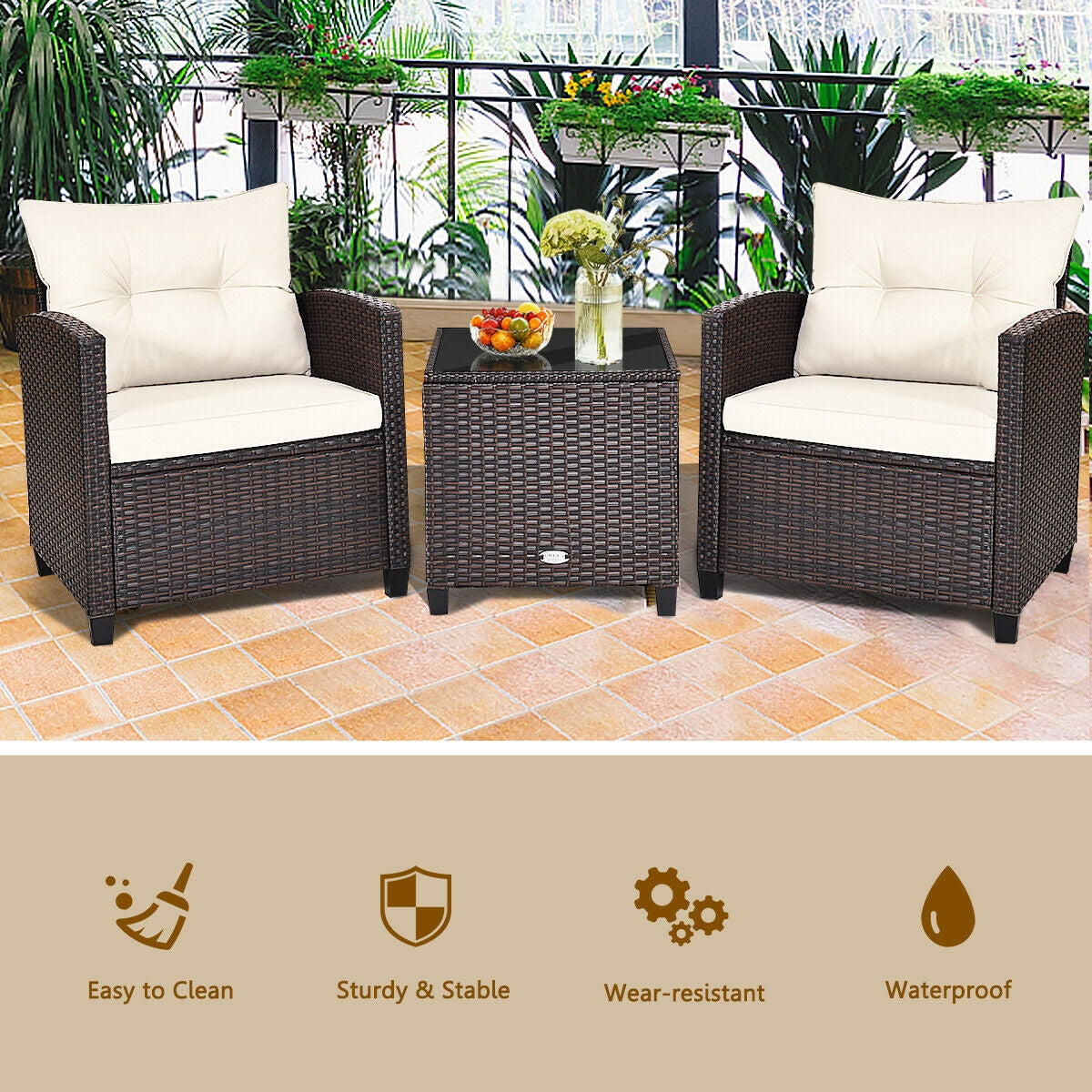3 Piece Cushioned Rattan Patio Set, Coffee Table, White Patio Conversation Sets at Gallery Canada