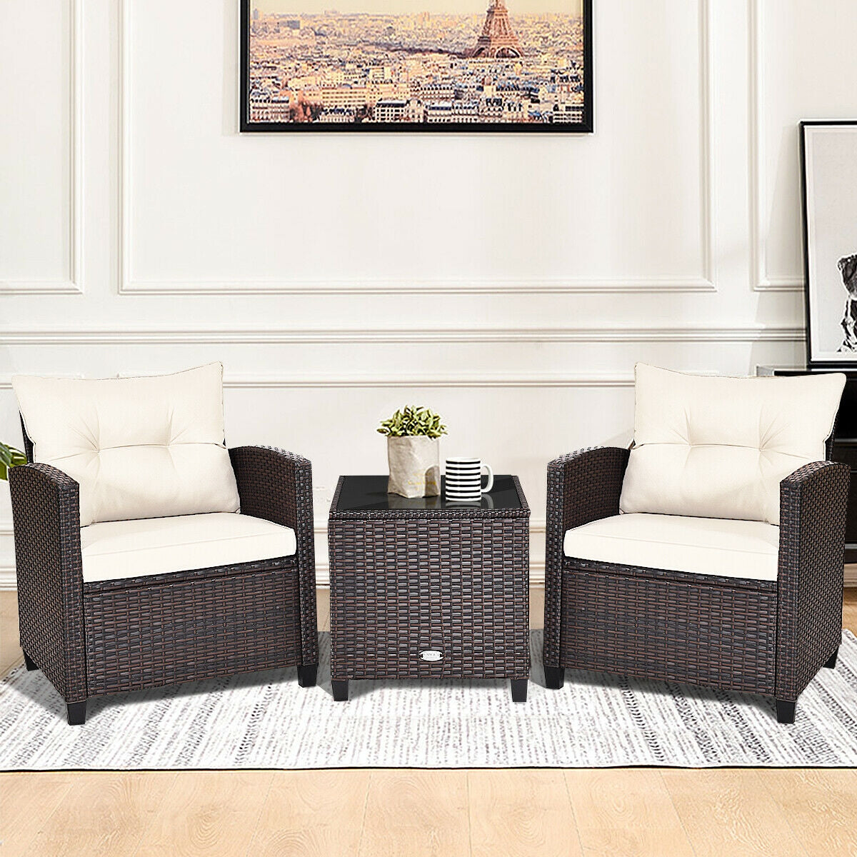 3 Piece Cushioned Rattan Patio Set, Coffee Table, White Patio Conversation Sets at Gallery Canada