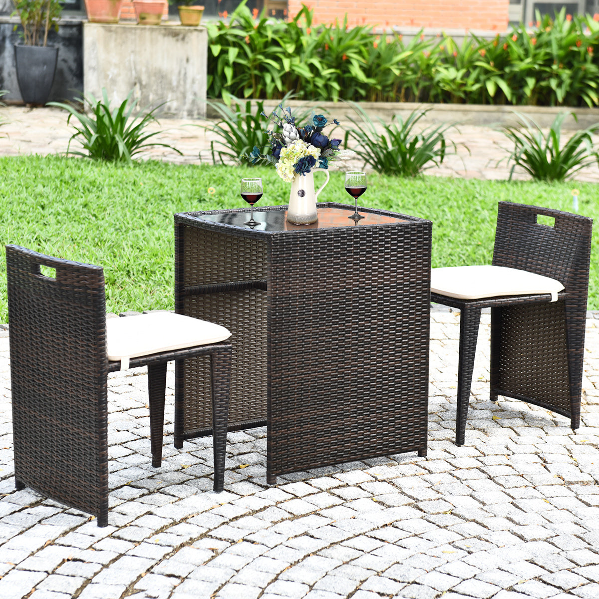 3 Piece Cushioned Outdoor Wicker Patio Set, No Assembly, Beige Patio Conversation Sets at Gallery Canada