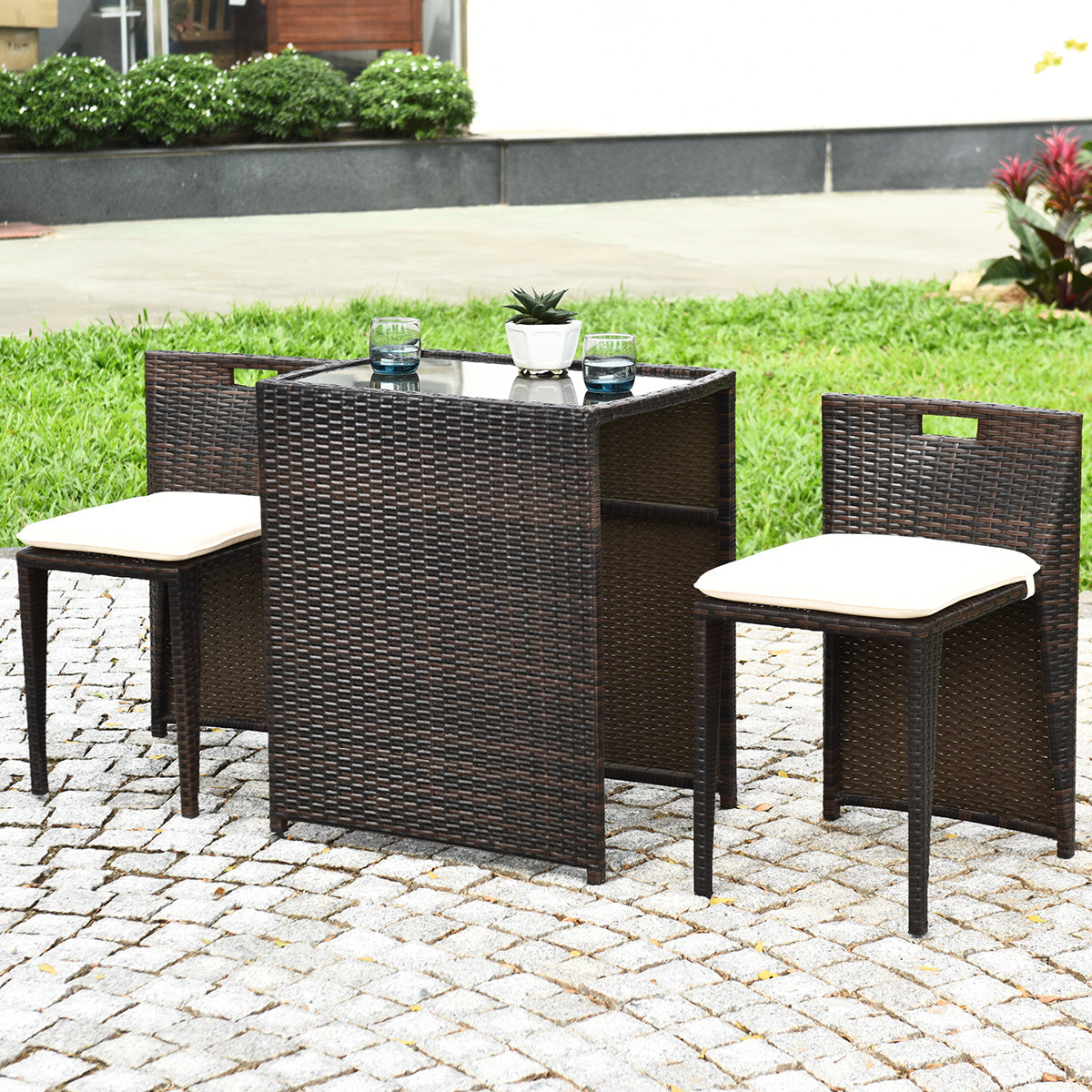 3 Piece Cushioned Outdoor Wicker Patio Set, No Assembly, Beige Patio Conversation Sets at Gallery Canada