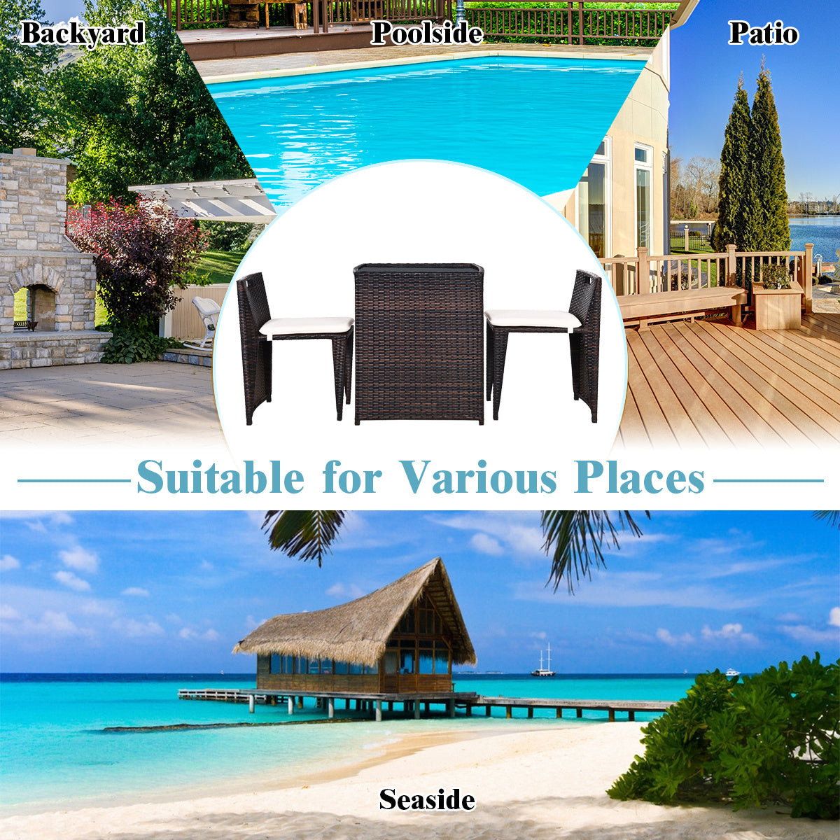 3 Piece Cushioned Outdoor Wicker Patio Set, No Assembly, Beige Patio Conversation Sets at Gallery Canada