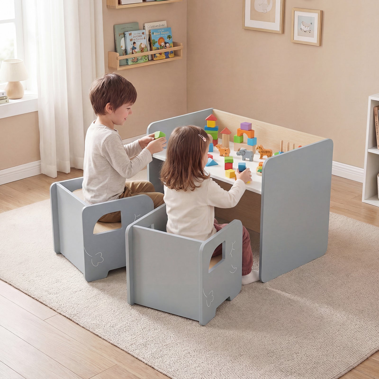 Kids Table And Chair Set, 3 Pieces, Space-Saving Toddler Table, Gray Kids Table & Chair Sets at Gallery Canada