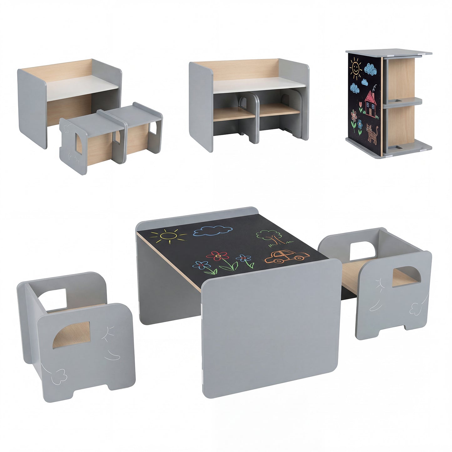 Kids Table And Chair Set, 3 Pieces, Space-Saving Toddler Table, Gray Kids Table & Chair Sets at Gallery Canada