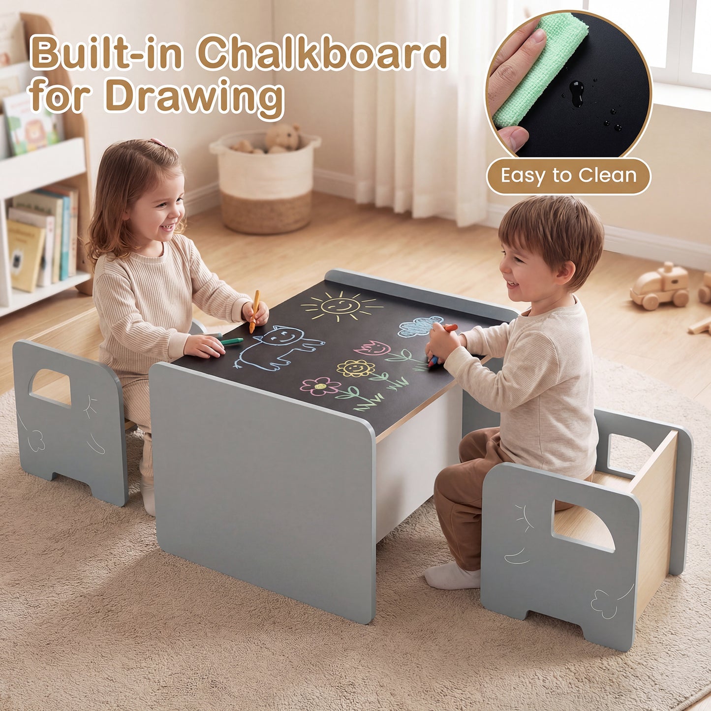 Kids Table And Chair Set, 3 Pieces, Space-Saving Toddler Table, Gray Kids Table & Chair Sets at Gallery Canada