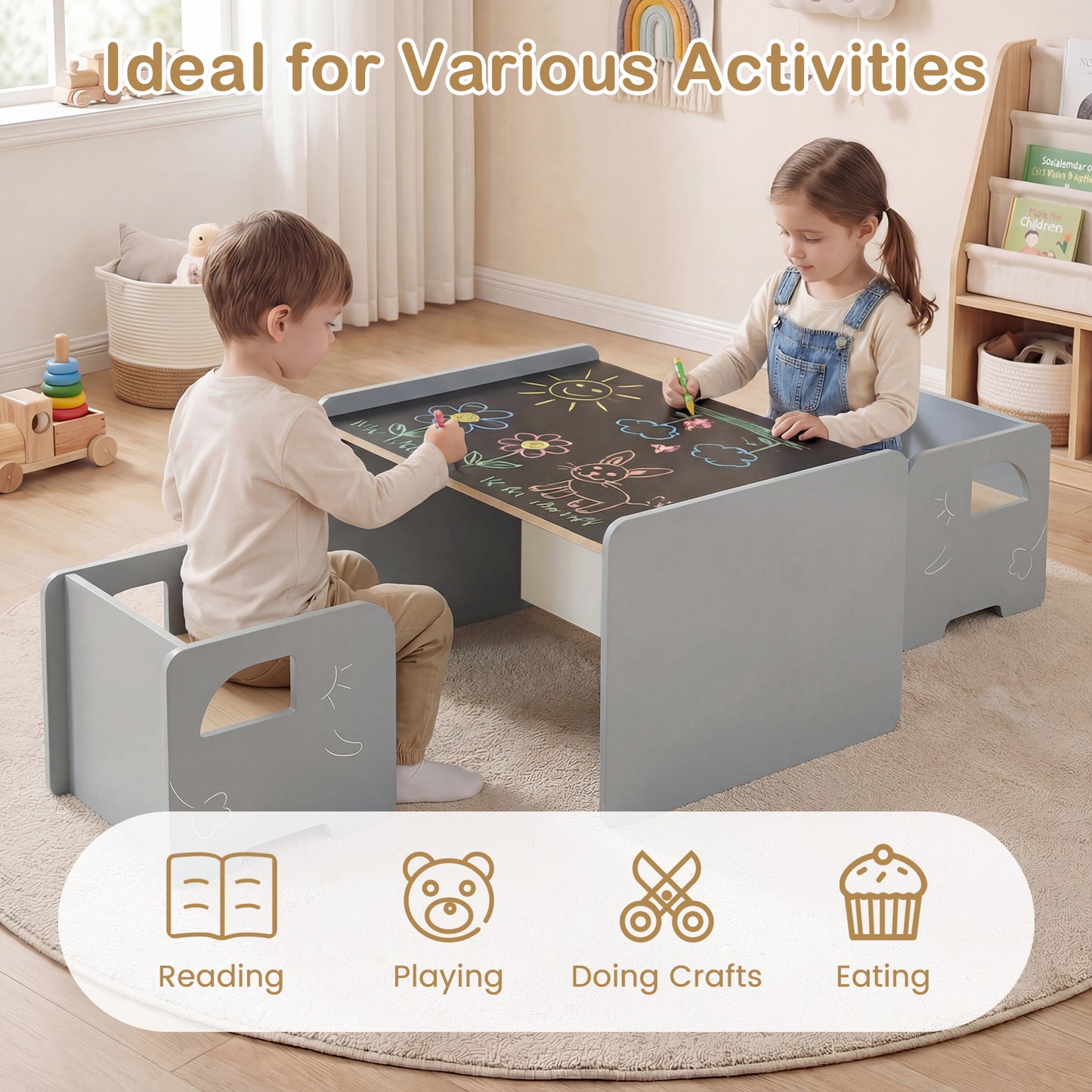 Kids Table And Chair Set, 3 Pieces, Space-Saving Toddler Table, Gray Kids Table & Chair Sets at Gallery Canada