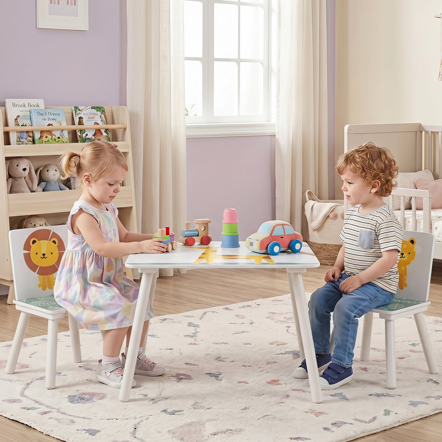3-Piece Kids Table And Chairs Set, Animal Patterns, Ages 3-6