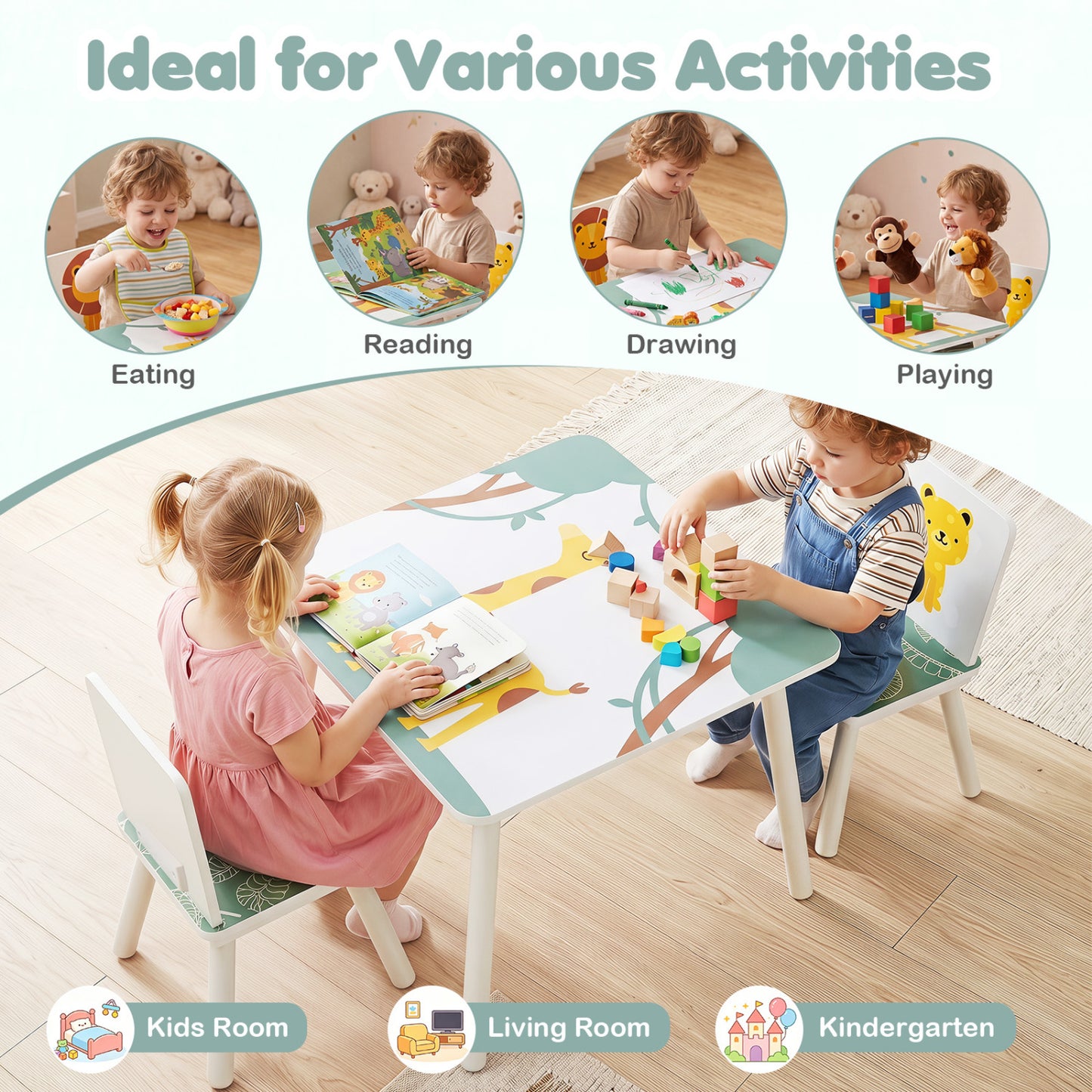 3-Piece Kids Table And Chairs Set, Animal Patterns, Ages 3-6