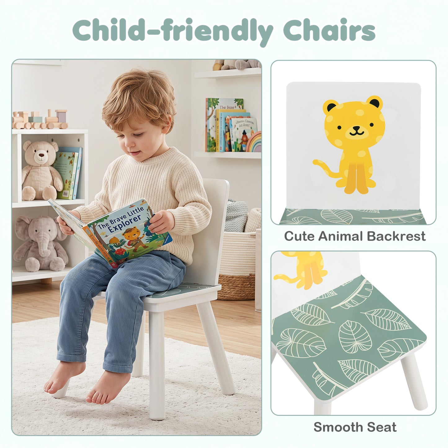 3-Piece Kids Table And Chairs Set, Animal Patterns, Ages 3-6