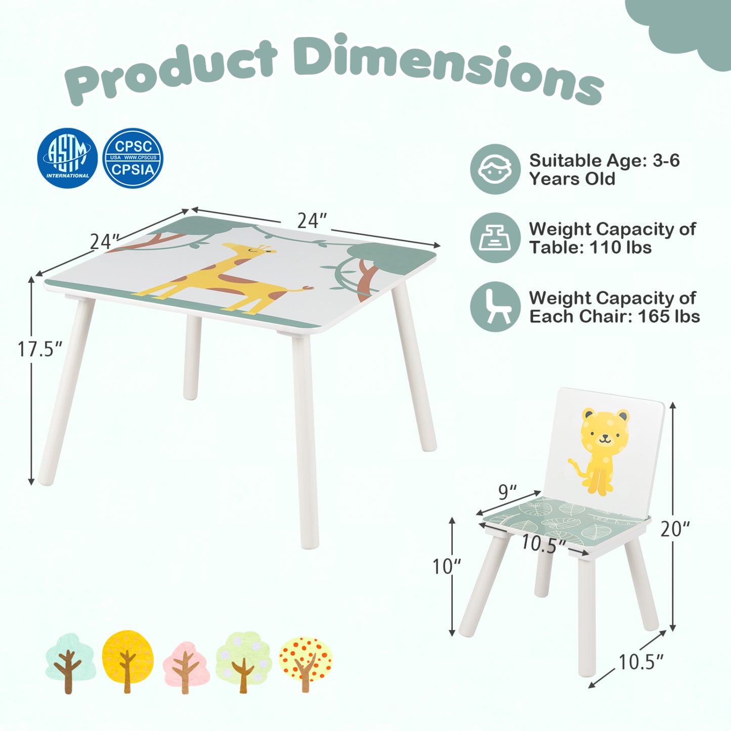3-Piece Kids Table And Chairs Set, Animal Patterns, Ages 3-6