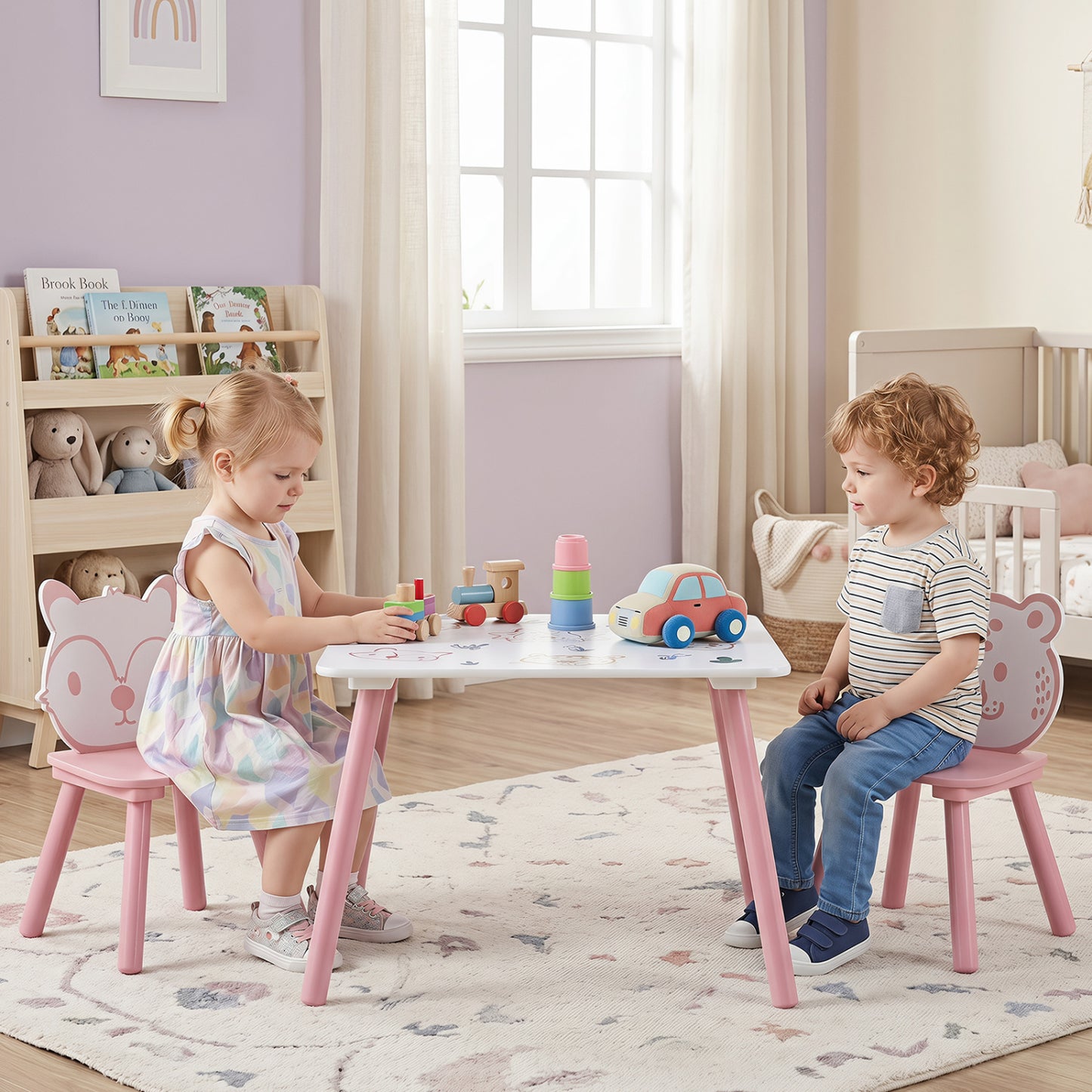 3-Piece Kids Table and Chairs Set, Animal Pattern