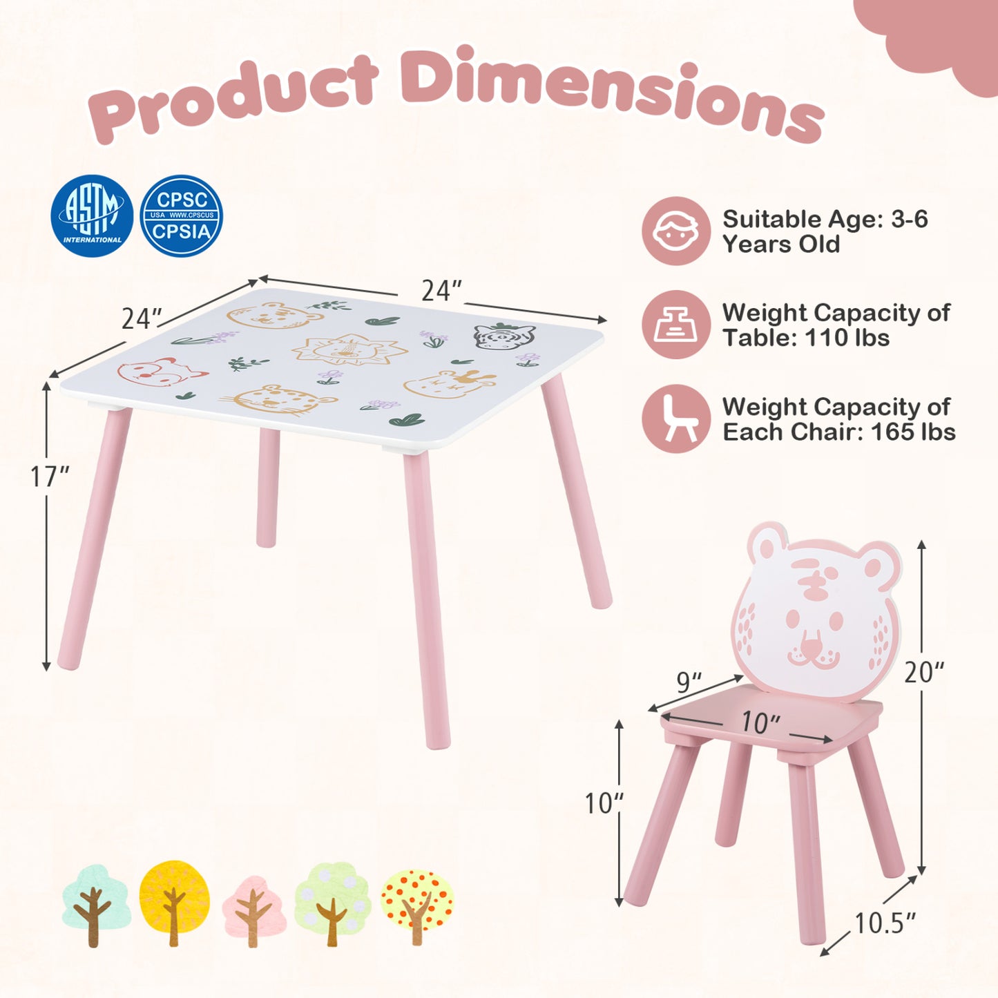 3-Piece Kids Table and Chairs Set, Animal Pattern